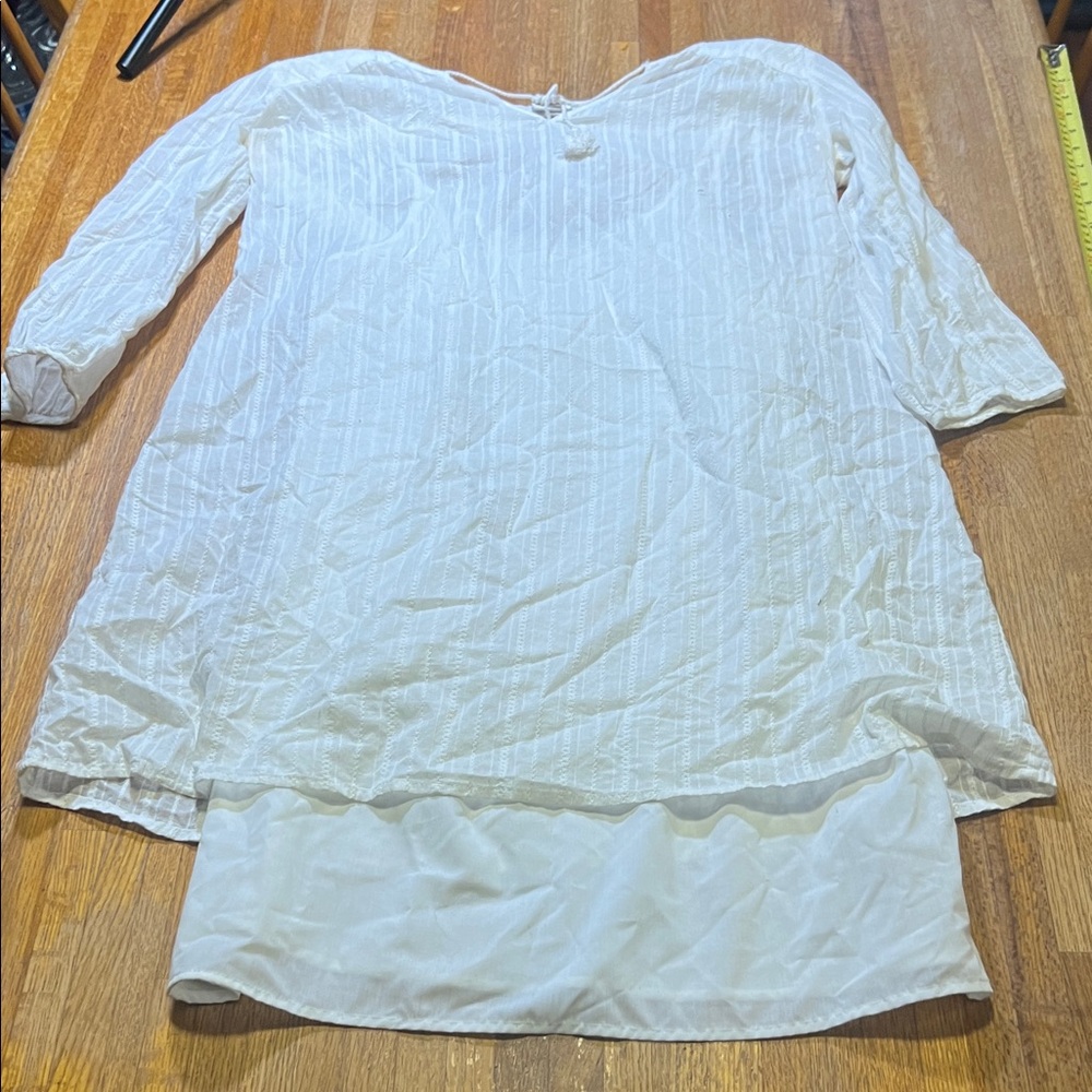 Merona Women Small White Stripe Ribbon Dobby Weave Layered BOHO Tassel Tunic